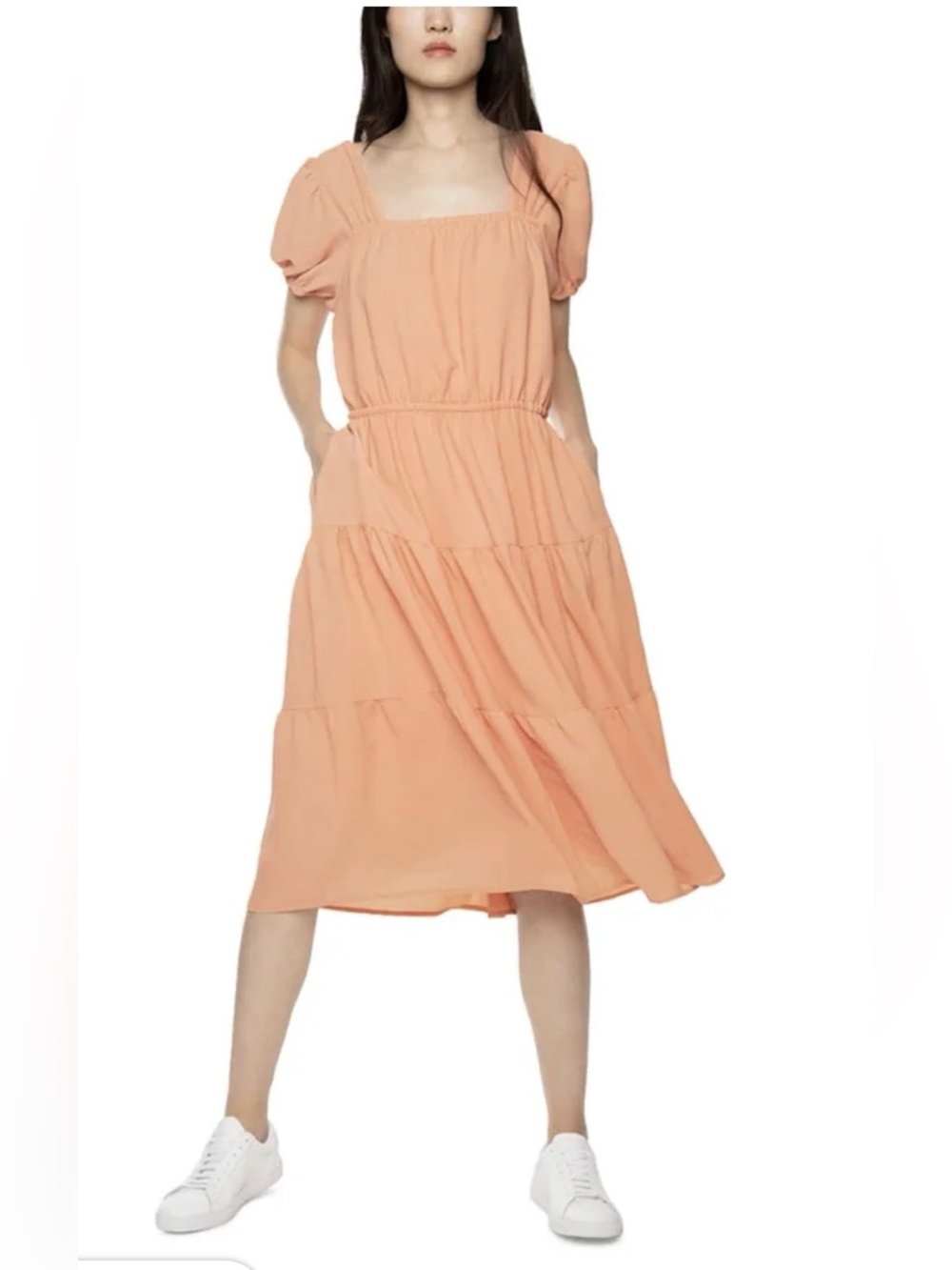 Black Tape tiered midi dress puff sleeves and a textured apricot size S